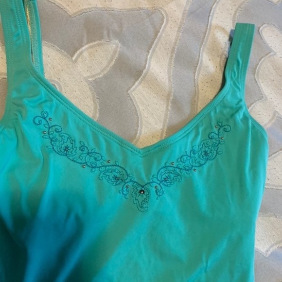 Turquoise jeweled One Piece Bathing suit cross cross back built in underwire bra - Picture 3 of 8